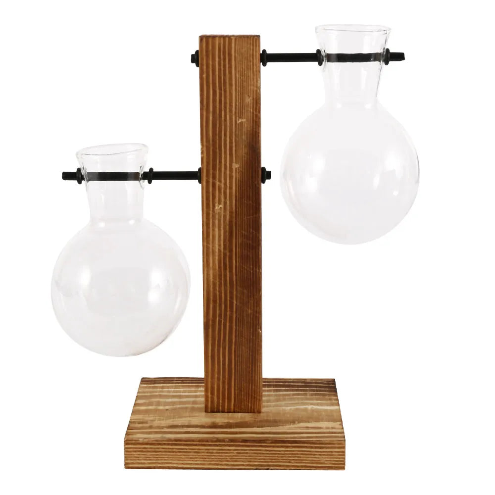 Hydroponic Glass Bulb Planter with Wooden Stand – Minimalist Tabletop Vase for Home & Office