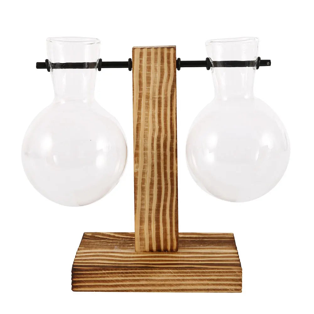 Hydroponic Glass Bulb Planter with Wooden Stand – Minimalist Tabletop Vase for Home & Office