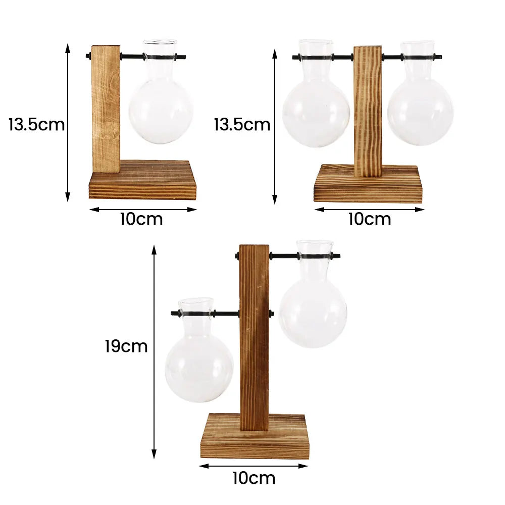 Hydroponic Glass Bulb Planter with Wooden Stand – Minimalist Tabletop Vase for Home & Office